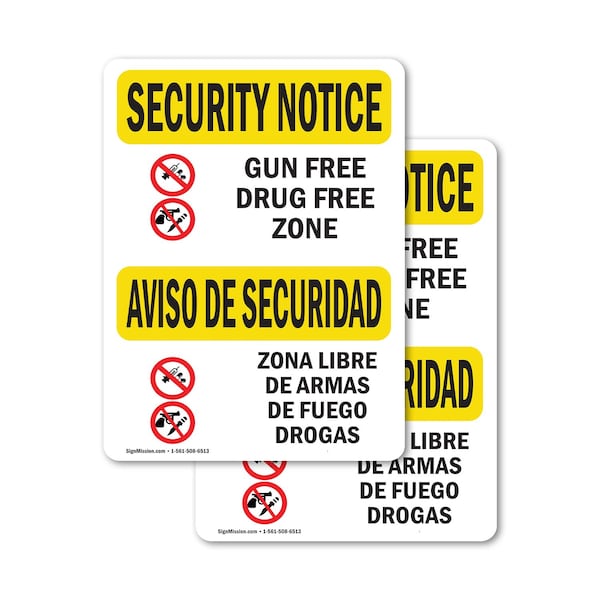 Signmission Gun Free Drug Free Zone Bilingual OSHA Security Notice Sign, Vinyl Decal, 10in W x 14in L, 2PK OS-2PACK-SN-D-1014-L-11543 - main